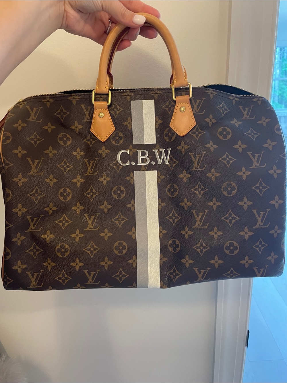 Louis Vuitton Brown Monogram Duffel with White Racing Stripe
